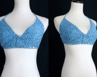 Knit Bikini Top Crop Blue Handmade Sweater Crocheted Summer 1960s Bathing Suit String Halter