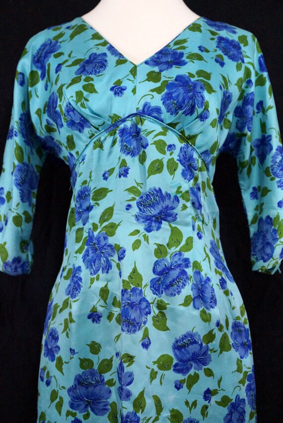 1960s Turquoise Floral Wiggle Dress Silky Blue Lo… - image 2