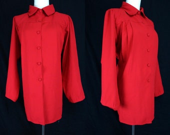 Red Button Blouse Large Rayon Business Wear Long Sleeve 1980s Top