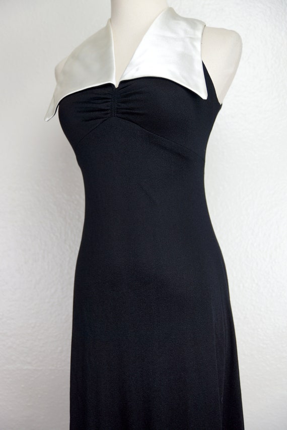 Black Maxi Dress Disco Collar White Satin Small 1… - image 5