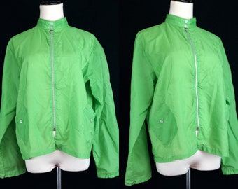 Green Nylon Windbreaker Jacket Light Overcoat Pockets Zip Up Small Medium Racer 1960s