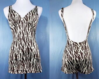 Costume da bagno Pin Up Costume da bagno 1960 Mid Century Modern Op Art Low Hip Backless Brown White Small