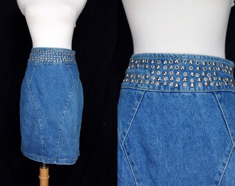 1980s Jean Skirt Denim High Waisted Wiggle Studded Fitted Blue Small 80s Silver Rivet