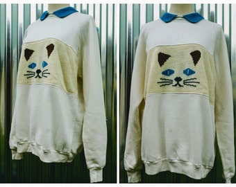 Cat Sweater Sweatshirt Collared Knit Cross-stitch 1980s Extra Large Oversize