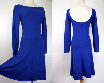 Blue Knit Dress Skater Skirt Sweater Backless Long Sleeve Knee Length Small Medium Boatneck