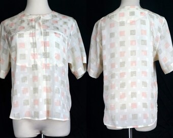 SALE 1980s White Blouse Liz Claiborne Checked Pockets Button Short Sleeve Medium Large