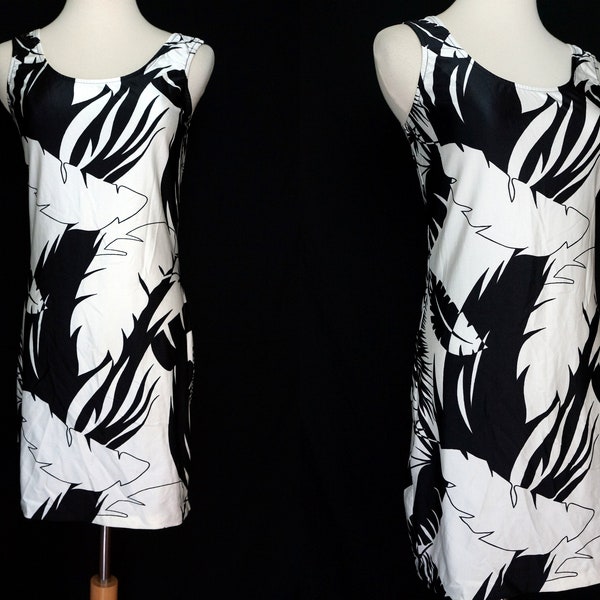 Black and White Spandex Mini Dress Palm Leaf Sleeveless Stretchy Sun Medium Bodycon Wiggle 1980s