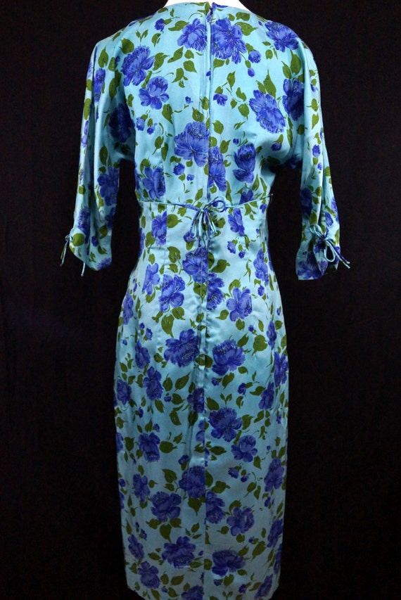 1960s Turquoise Floral Wiggle Dress Silky Blue Lo… - image 5