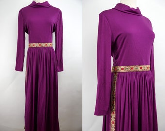 Renaissance Dress Maxi Long Sleeve Cowl Neck 1970s Purple Gold Maid Marion Medium