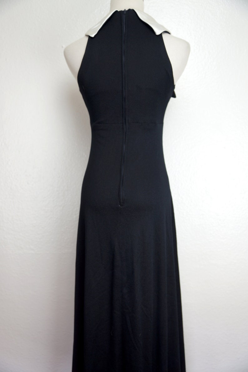 Black Maxi Dress Disco Collar White Satin Small 1970s Sleeveless Fitted Floor Length 70s image 6