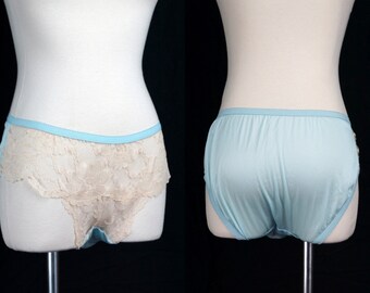 Blue Nylon Panties NOS Lace Sheer Movie Star Sissy Hipster Briefs Underwear Small Underpants