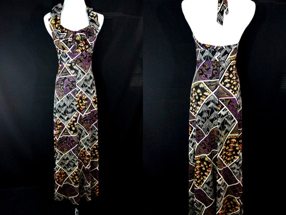 1970s Halter Maxi Sun Dress Black Novelty Print Yo