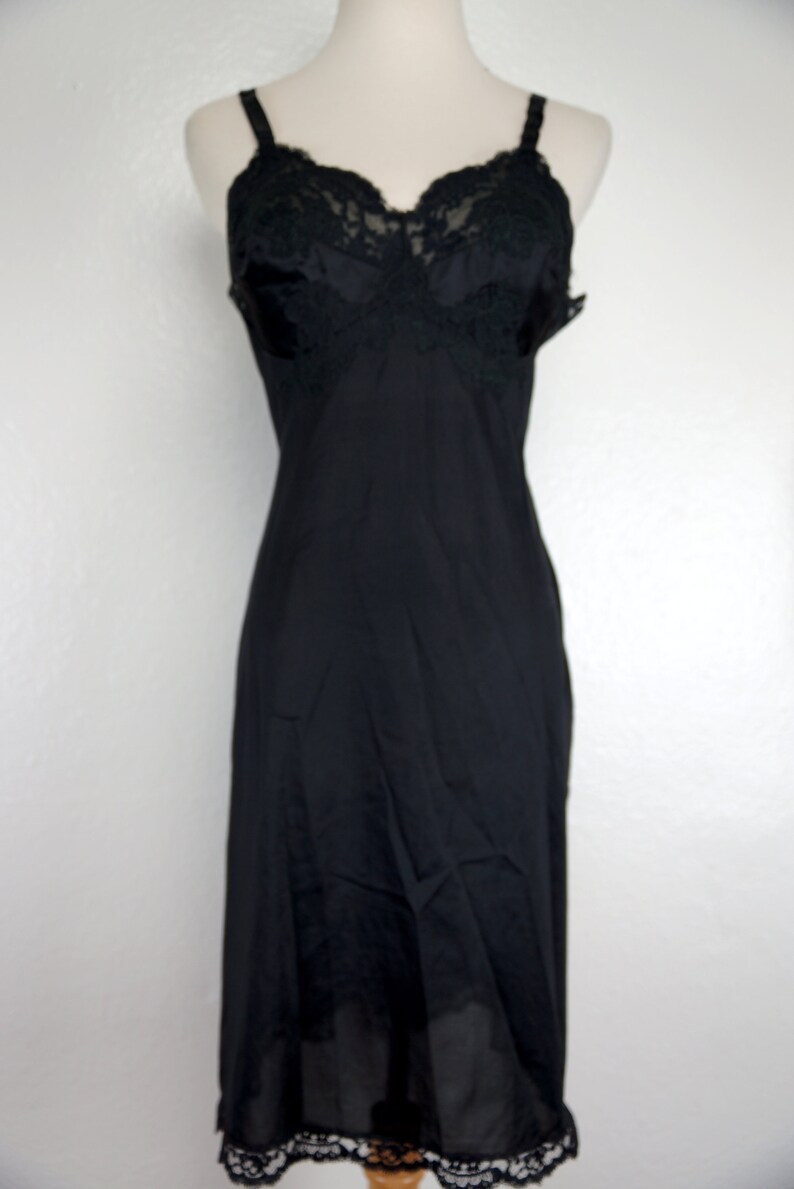 Black Slip Dress Full Gossard Artemis 1960s Negligee Nightie Lace Fitted Satin 60s Lingerie