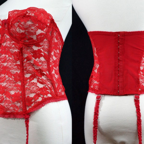 1970s Red Lace Bustier Merry Widow Garters Boned Corset Sheer Promises Poirette 36C 36D