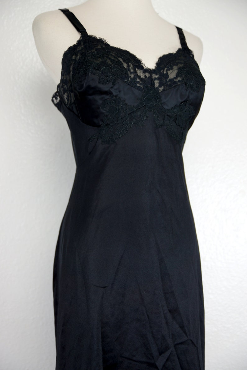 Black Slip Dress Full Gossard Artemis 1960s Negligee Nightie Lace Fitted Satin 60s Lingerie