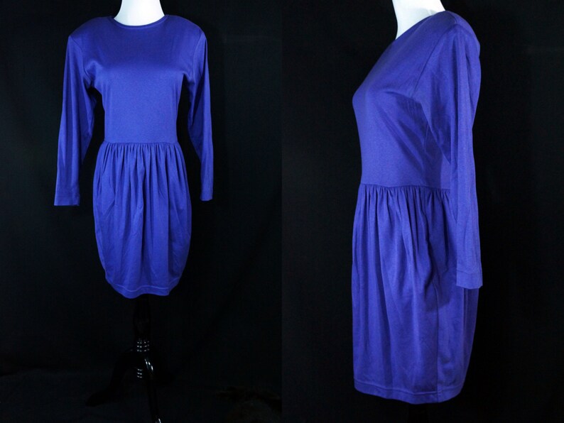 SALE 1980s Purple Mini Dress Cotton Jersey Wiggle Long Sleeve 80s Cathy Hardwick