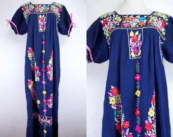 Mexican Oaxacan Folk Dress Embroidered Muumuu Maternity Hippie Free Size