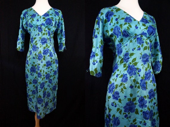 1960s Turquoise Floral Wiggle Dress Silky Blue Lo… - image 1