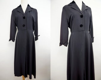 1940s Black Dress Button Long Sleeve Wide Skirt Faille Velvet Day Medium Mancini Mid Century 40s