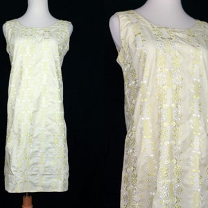 1960s Yellow Eyelet Embroidered Shift Dress Sleeveless Small Medium Mod image 1