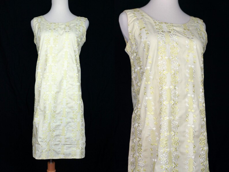 1960s Yellow Eyelet Embroidered Shift Dress Sleeveless Small Medium Mod image 1