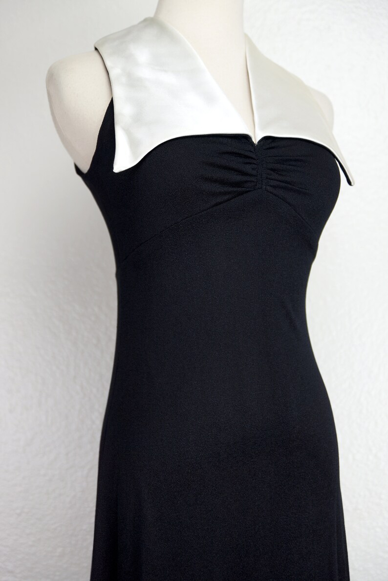 Black Maxi Dress Disco Collar White Satin Small 1970s Sleeveless Fitted Floor Length 70s image 4