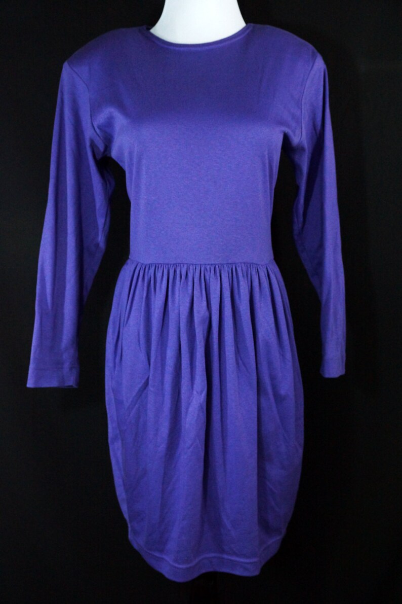 SALE 1980s Purple Mini Dress Cotton Jersey Wiggle Long Sleeve 80s Cathy Hardwick