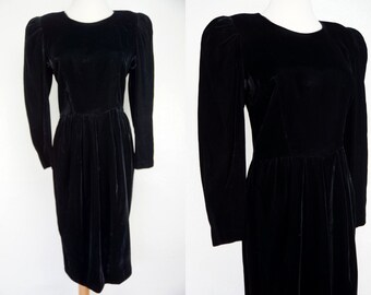 Black Velvet Wiggle Dress Long Sleeve Tulip Skirt Fitted Small Medium 80s Dress