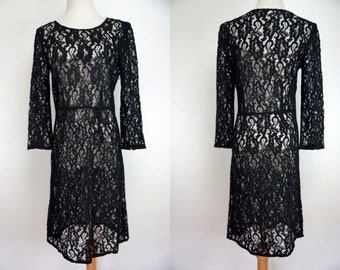 Black Lace Wiggle Dress Semi Sheer Cocktail Fitted Long Sleeve Knee Length See Though Medium