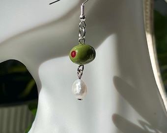 Olive and Pearl Dangle Earring Olive Martini Girl Freshwater pearl earring Olive gift Martini Daughter Gift