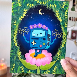 BMO Adventure Time Poster, BMO in a Forest doing Yoga under the moonlight , BMO art print
