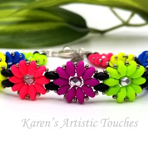 Daisy Chain Beaded Weaving Bracelet, Neon Colors Flower Bracelet, Multicolor Jewelry, Teen Gift