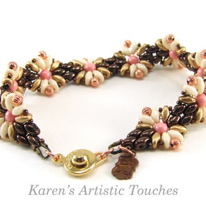 Geometric Design Beaded Weaving Bracelet, Womens Bronze and Coral Jewelry, Gift for Her image 4