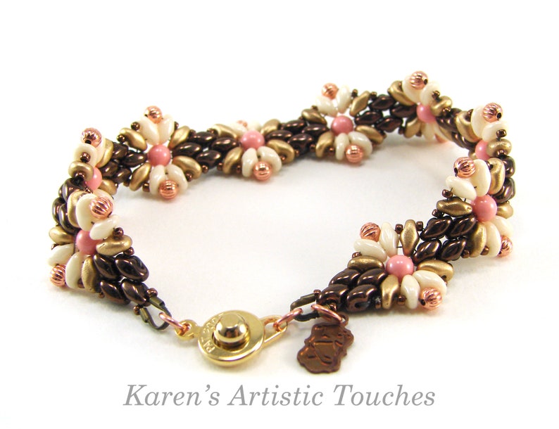 Geometric Design Beaded Weaving Bracelet, Womens Bronze and Coral Jewelry, Gift for Her image 4