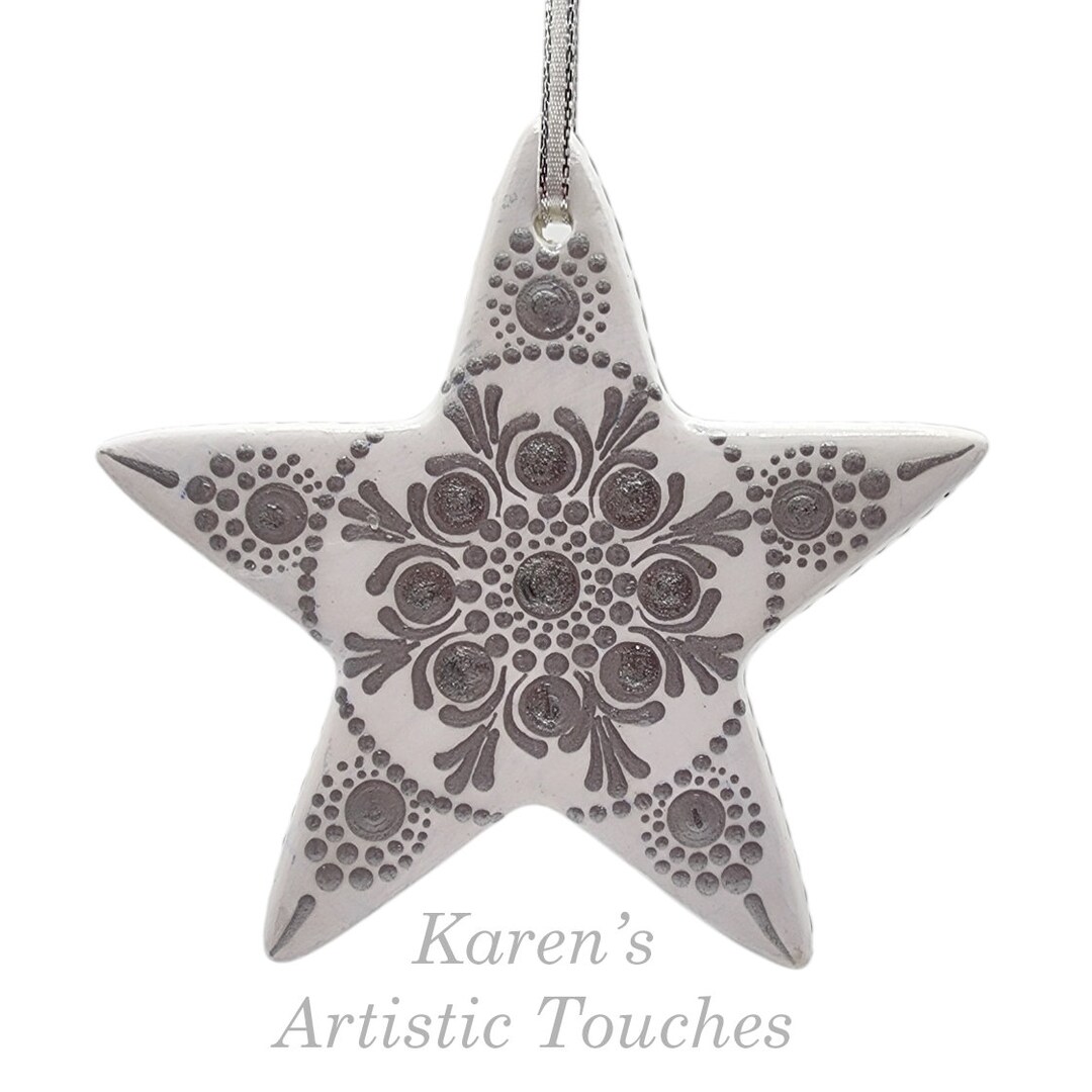 Silver Star Ornament Ceramic Plaster Handpainted Dot Mandala Art