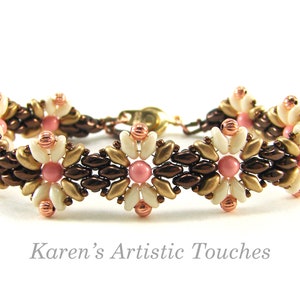 Geometric Design Beaded Weaving Bracelet, Womens Bronze and Coral Jewelry, Gift for Her image 1