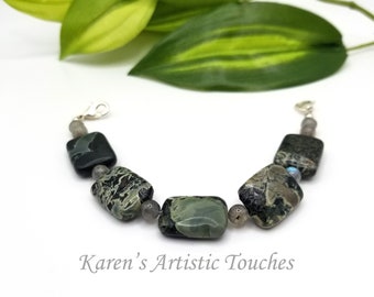 Mens Camo Jasper Green and Labradorite Gemstone Medical ID Alert Bracelet, Mens Allergy Bracelet, Medical Alert Bracelet for Him