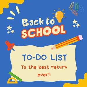 Pode incluir: Um cartaz azul e amarelo com tema de volta às aulas com uma lista de tarefas que diz "Para o melhor retorno de todos os tempos!" O cartaz tem uma lâmpada, estrelas, clipes, um lápis, um alfinete e uma régua.