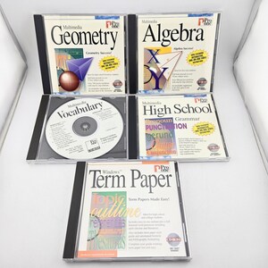 May include: Five Pro One multimedia CD-ROM software cases titled Multimedia Geometry, Multimedia Algebra, Multimedia Vocabulary, Multimedia High School Grammar, and Windows Term Paper. Each case features educational text and graphic illustrations.