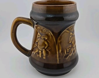 Vintage Mirostowice Poland Ceramic Mug Man Drinking Artwork Brown Glazed 5"