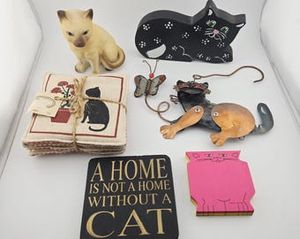 Vtg Cat Collectibles Lot 6 Siamese Figurine 1987 3M Post-it Coasters & Metal