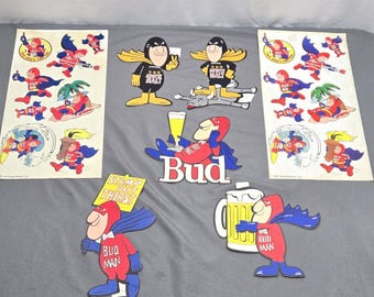 Budweiser Bud Man Vintage Lot 7pc 1987 Stickers Sheet 1970s Decals USA