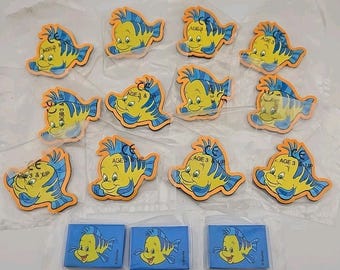 VTG Disney Little Mermaid Flounder Lot 12 Magnets Plus 3 Erasers Applause NOS