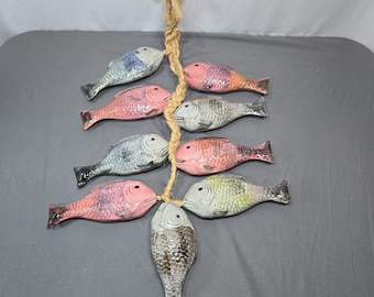 Ceramic Fish Stringer Jute Rope Nautical Wall Hanging Decor 30" Vintage