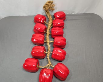Ceramic Red Bell Pepper Ristra Hanging Kitchen Decor 12 Pc Thick Sisal Rope 30"