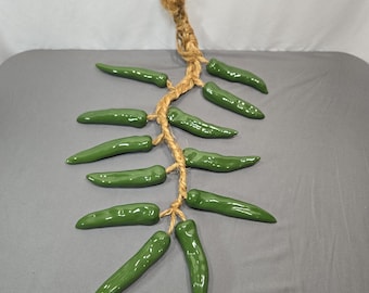 Ceramic Green Chili Pepper Ristra Hanging Kitchen Decor 30" Vintage