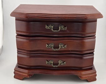 Vintage Wood Jewelry Box 3 Drawer Chest Mirror Serpentine Front Pink 9x7"