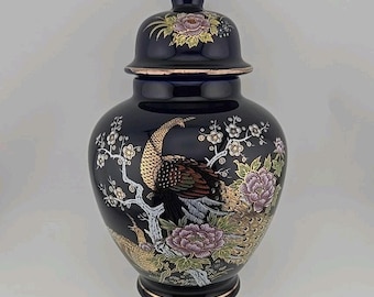 Vtg Artmark Japan Ginger Jar Cobalt Blue Peacock Peony Flowers Gold Trim Lidded