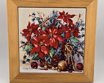 Barbara Mock Vintage Poinsettia Christmas Framed Ceramic Tile Wall Art 8x8