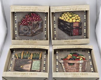 Vintage Fruit Vegetable Crate Wall Plaques, Mary Beth Zeitz New View, Set of 4